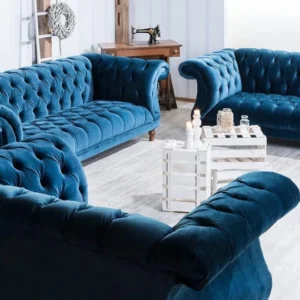 Buttoned Blue Sofa Set